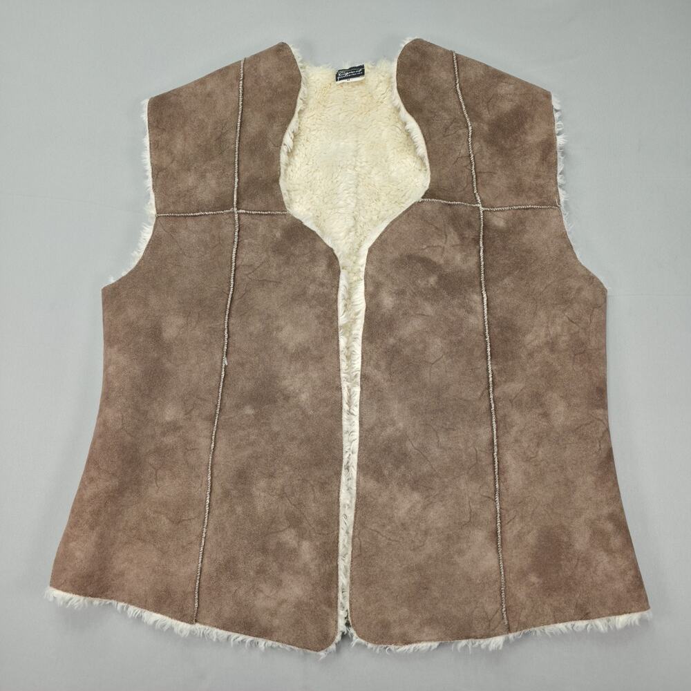 Cejon Womens XL Faux Shearling Vest Brown Faux Suede Open Front Boho Western